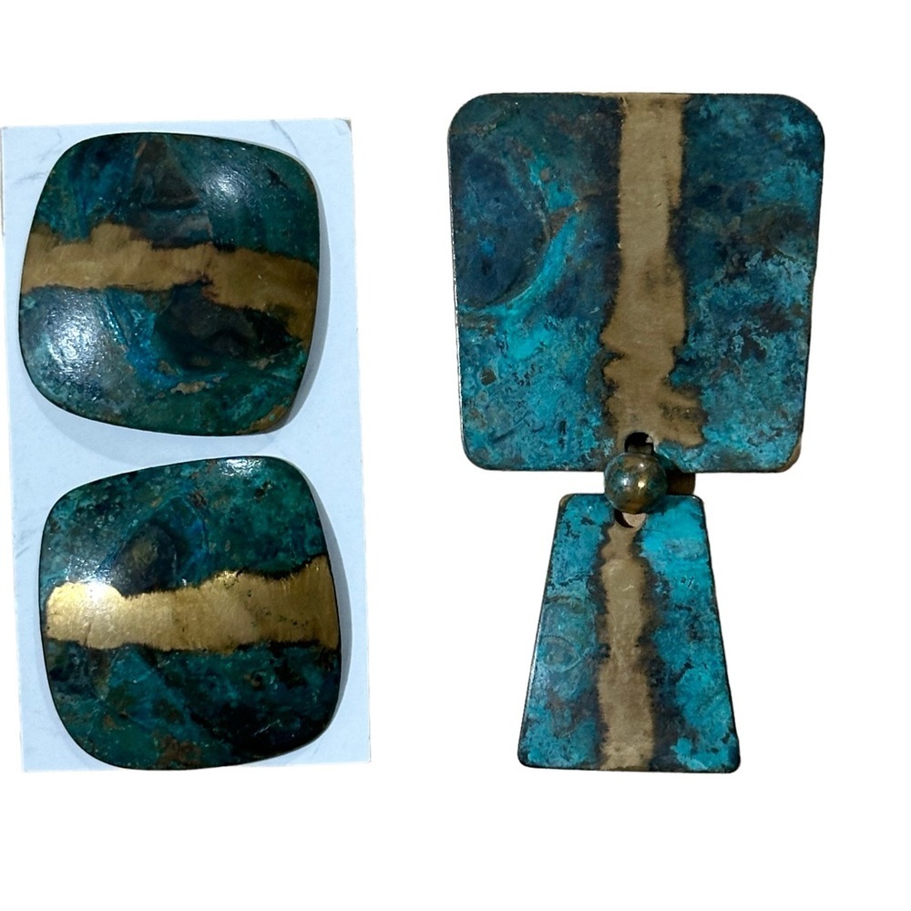 Vtg Set MCM Turquoise Gold Tone Square Brutalist Chunky Metal Earrings & Brooch